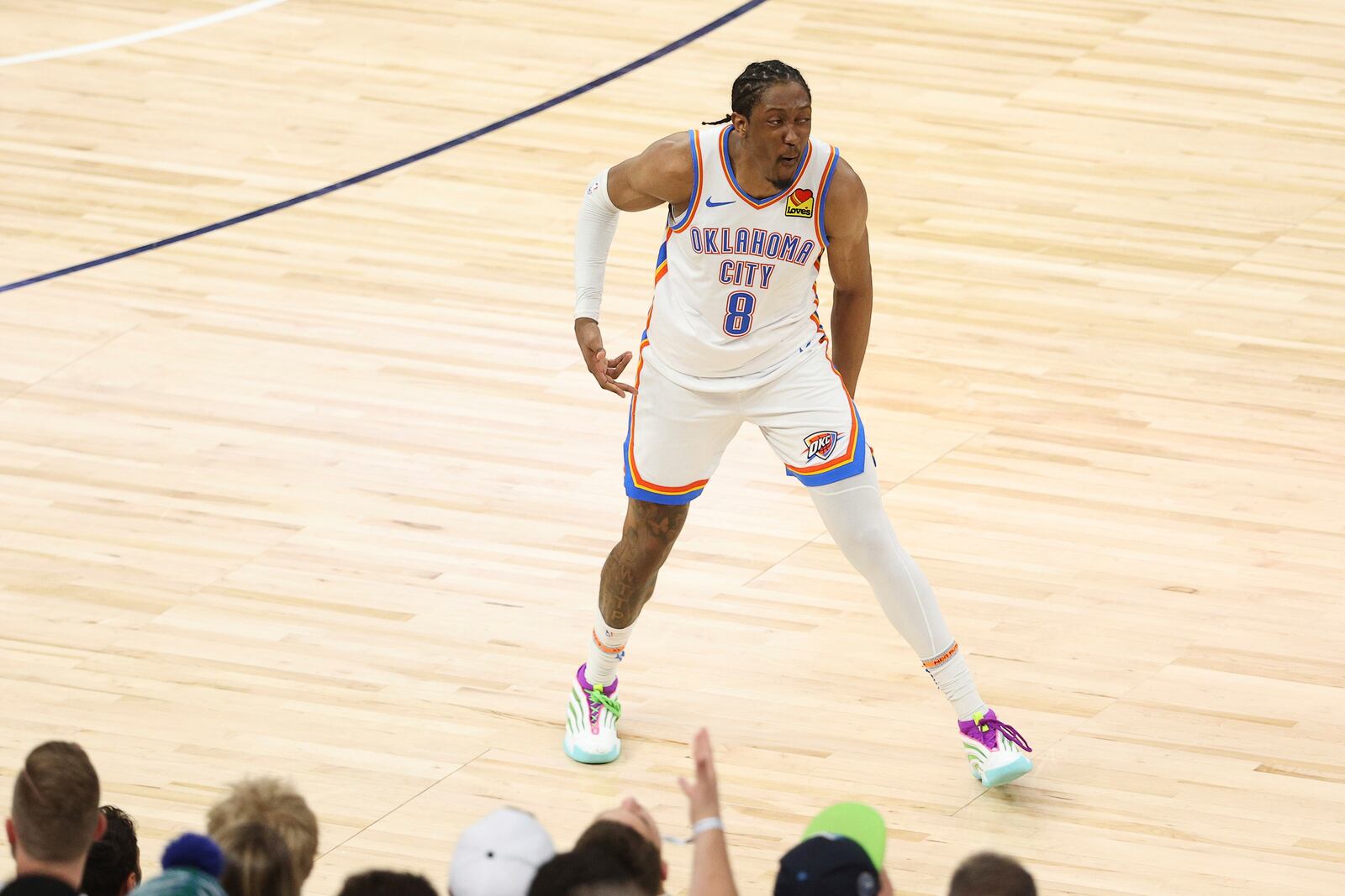 Oklahoma City Thunder forward Jalen Williams reacts in front of fans during the second half of Game 4 of the Western Conference finals of the NBA basketball playoffs against the Minnesota Timberwolves Monday, May 26, 2025, in Minneapolis. (AP Photo/Matt Krohn)
