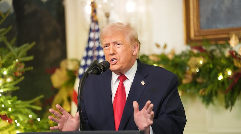 President Donald Trump delivers an address to the nation from the Diplomatic Reception Room of the White House in Washington, on Wednesday, Dec. 17, 2025. (Doug Mills/The New York Times)