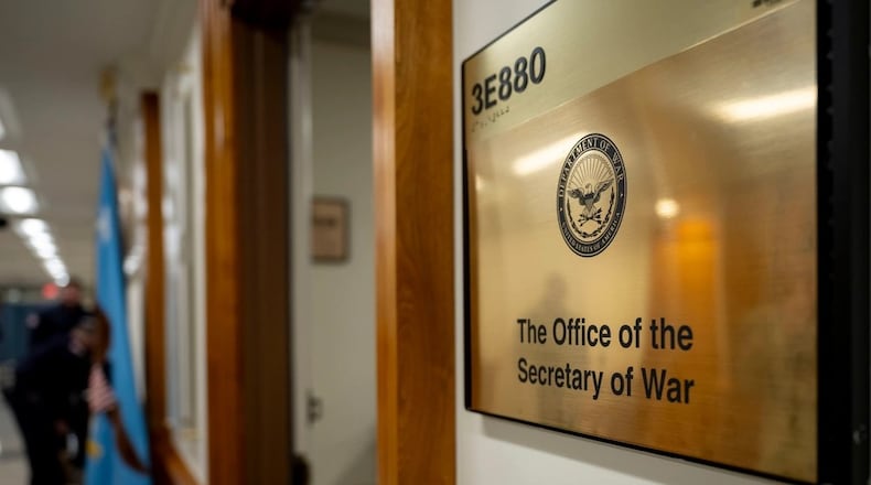 The secretary of war plaques are installed at the Pentagon, Washington, D.C., Sept. 3. (Department of War photo by U.S. Navy Petty Officer 2nd Class Aiko Bongolan)