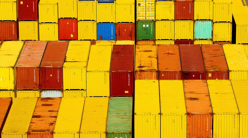 Cargo containers are seen at a shipping terminal at the Port of Oakland on Wednesday, Aug. 6, 2025, in Oakland, Calif. (AP Photo/Noah Berger)