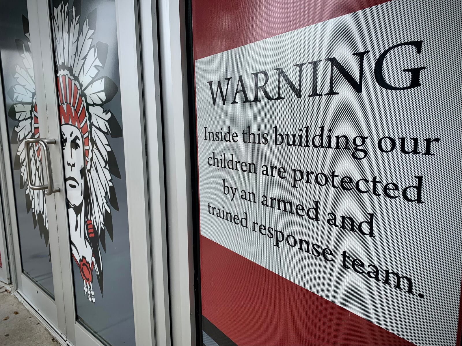 The warning sign you see entering Stebbins High School. Mad River School district staff members volunteered to be a armed and trained response team and were approved by the district administrators as well as law enforcement. MARSHALL GORBY\STAFF