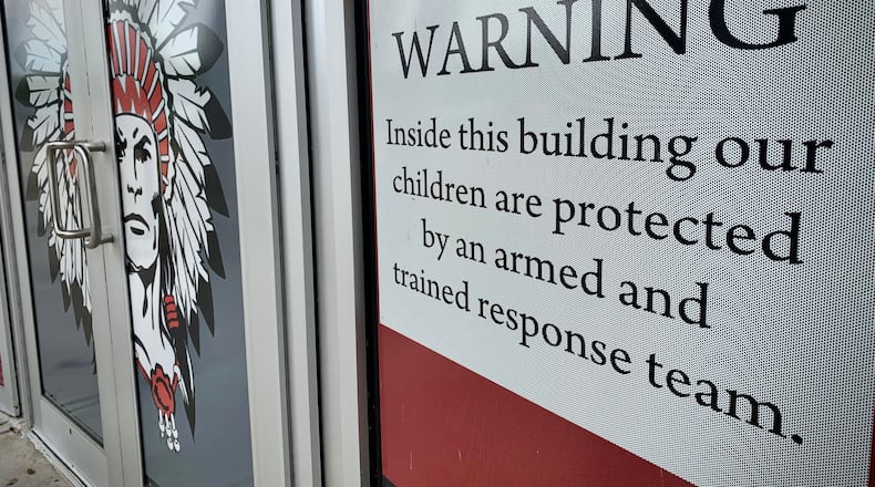The warning sign you see entering Stebbins High School. Mad River School district staff members volunteered to be a armed and trained response team and were approved by the district administrators as well as law enforcement. MARSHALL GORBY\STAFF
