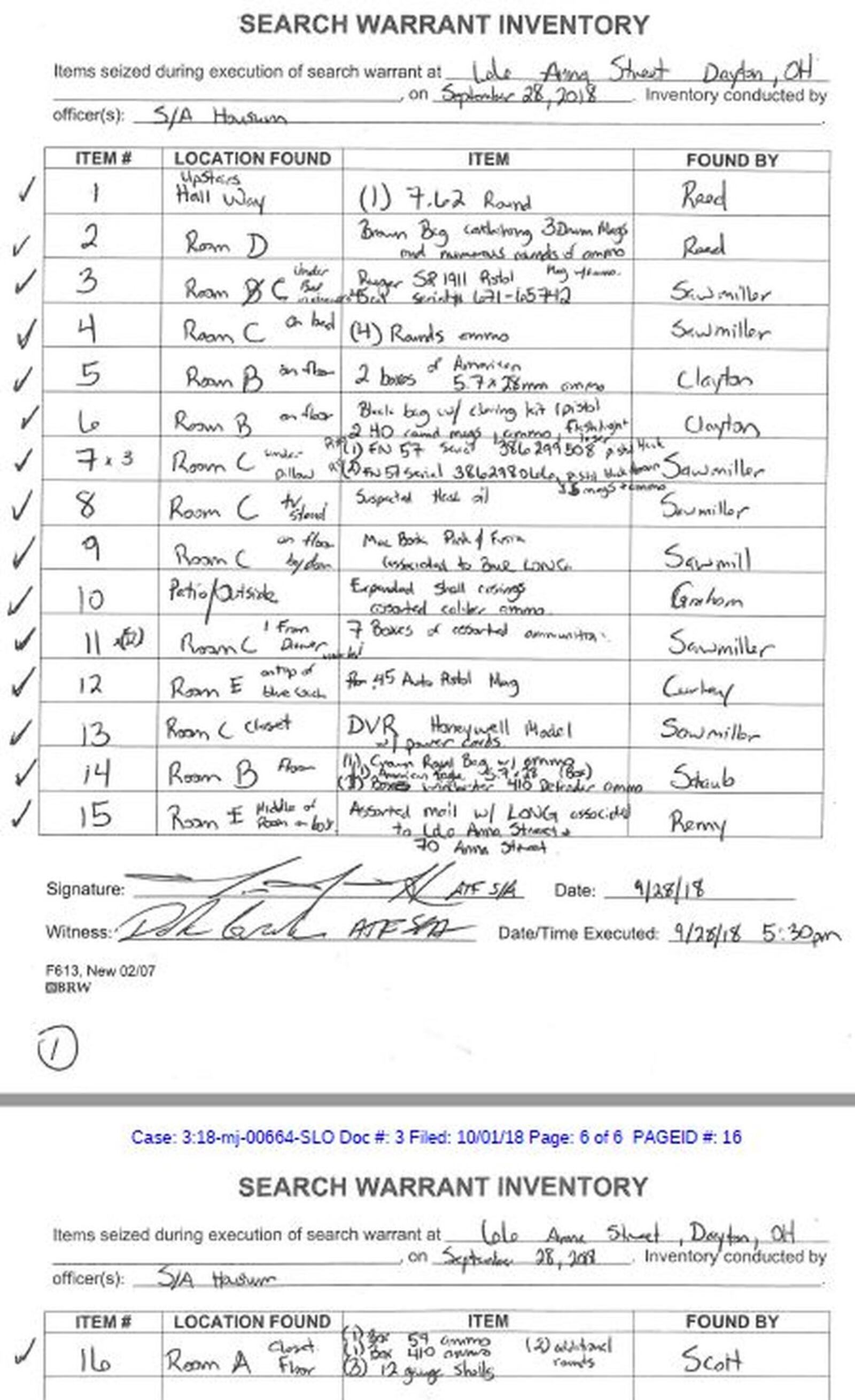 A list of items seized from a house on Dayton’s Anna Street on Sept. 27.