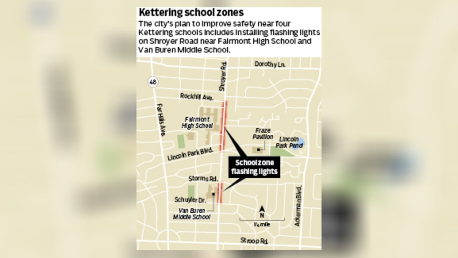 The city’s plan to improve school safety zones focuses on areas around four Kettering buildings, including two near the Fraze Pavilion. STAFF