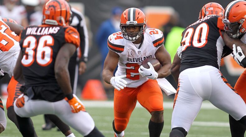 CINCINNATI, OH - NOVEMBER 25: Nick Chubb #24 of the Cleveland Browns carries the ball during the game against the Cincinnati Bengals at Paul Brown Stadium on November 25, 2018 in Cincinnati, Ohio. (Photo by John Grieshop/Getty Images)
