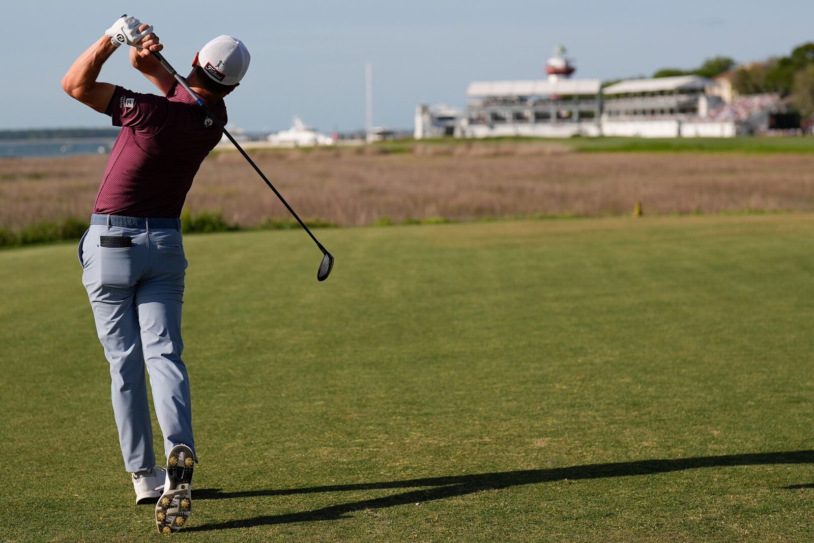 Justin Thomas hits from the 18th green during the third round of the RBC Heritage golf tournament, Saturday, April 19, 2025, in Hilton Head Island, S.C. (AP Photo/Mike Stewart)