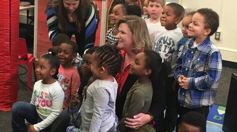Dayton Mayor Nan Whaley meets students from the Miami Valley Family Care Center preschool at the Dayton VA Center last year. JEREMY P. KELLEY / STAFF