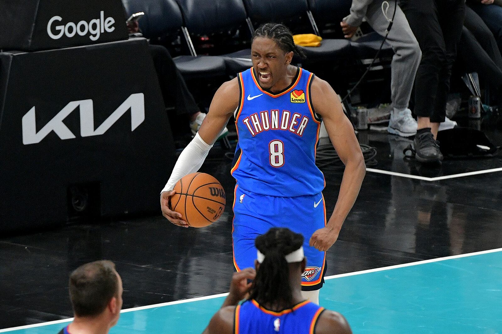 Oklahoma City Thunder forward Jalen Williams (8) reacts in the second half of Game 3 of an NBA first-round playoff series against the Memphis Grizzlies Thursday, April 24, 2025, in Memphis, Tenn. (AP Photo/Brandon Dill)