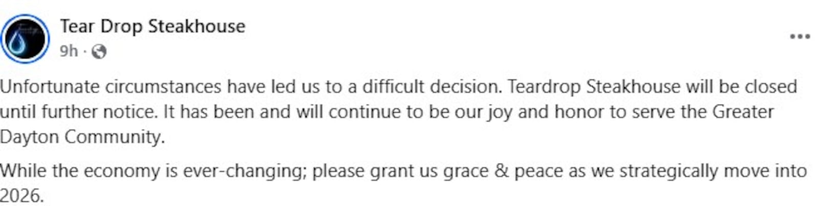 A post on Facebook by Teardrop Steakhouse on Dec. 29, 2025.