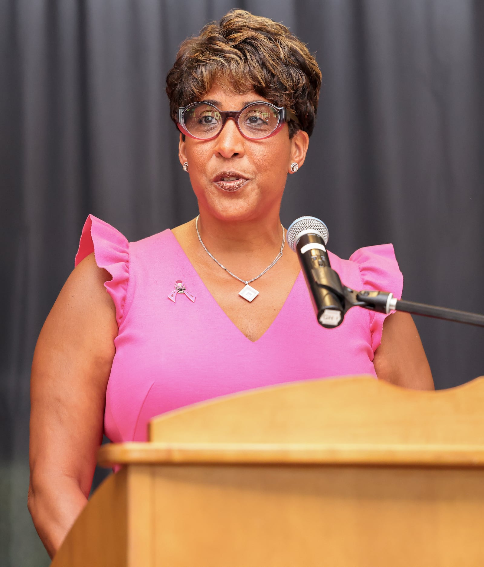 Jenell Ross speaks during the 2025 Dayton Region Walk of Fame inductee luncheon, which was held Tuesday, Sept. 24 at Sinclair Community College. Ross was inducted along with The Original Lakeside, the Levin Family, Rob Lowe and Vic Cassano Sr. BRYANT BILLING / STAFF