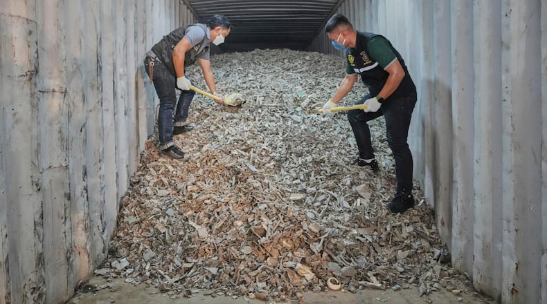 FILE - Thai officials show samples of illegally imported electronic waste from the United States which they said they seized at Bangkok Port during a press conference in Bangkok, Thailand, May 14, 2025. (AP Photo/Sakchai Lalit), File)