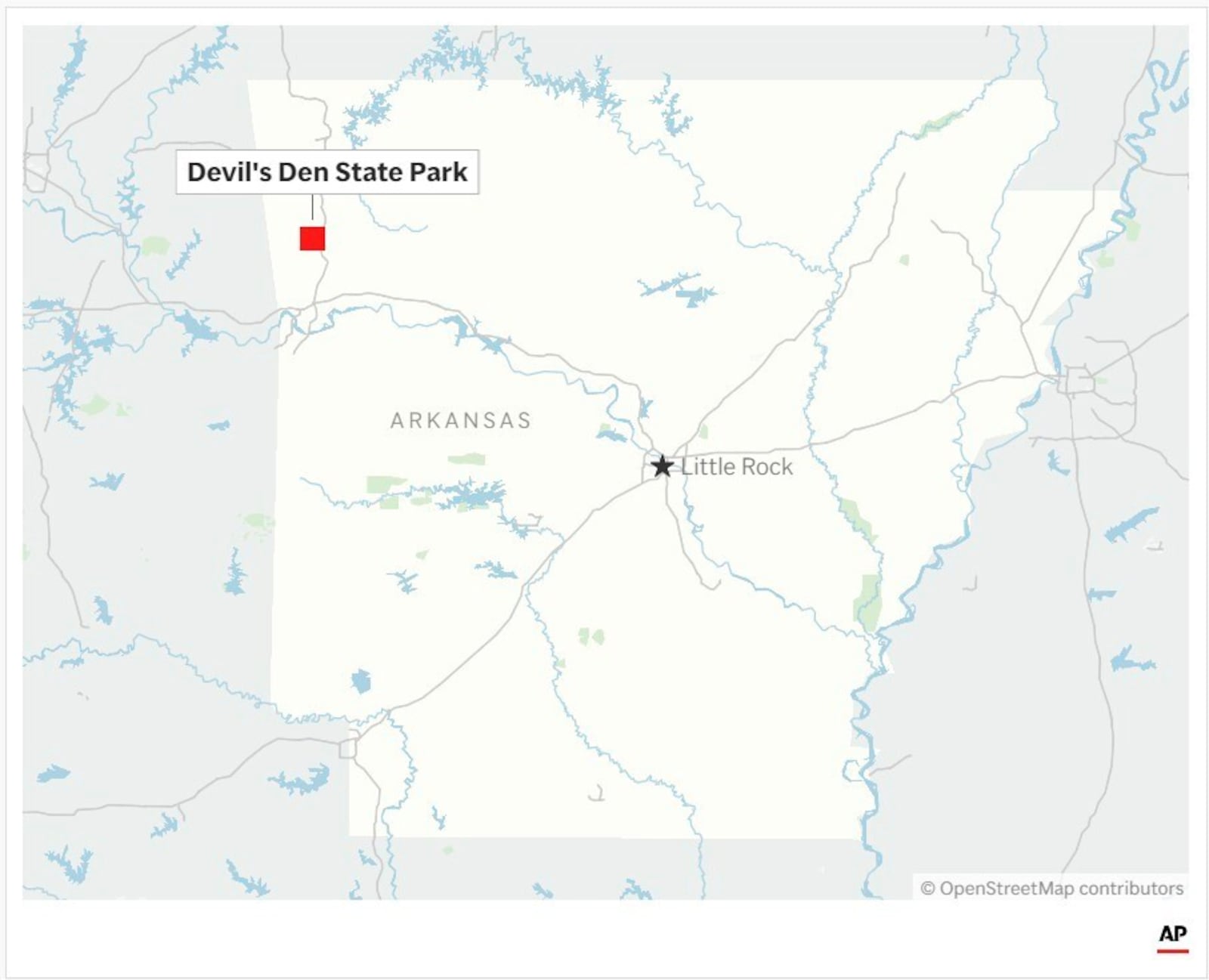 The map above locates Devil's Den State Park in Arkansas. (AP Graphic)