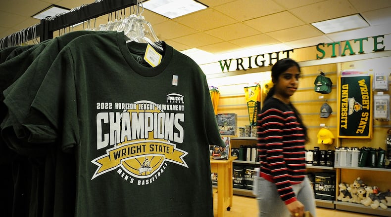 The Wright State University bookstore has 2022 Horizon League Tournament Champions clothing apparel on hand for Raiders fans. MARSHALL GORBY\STAFF