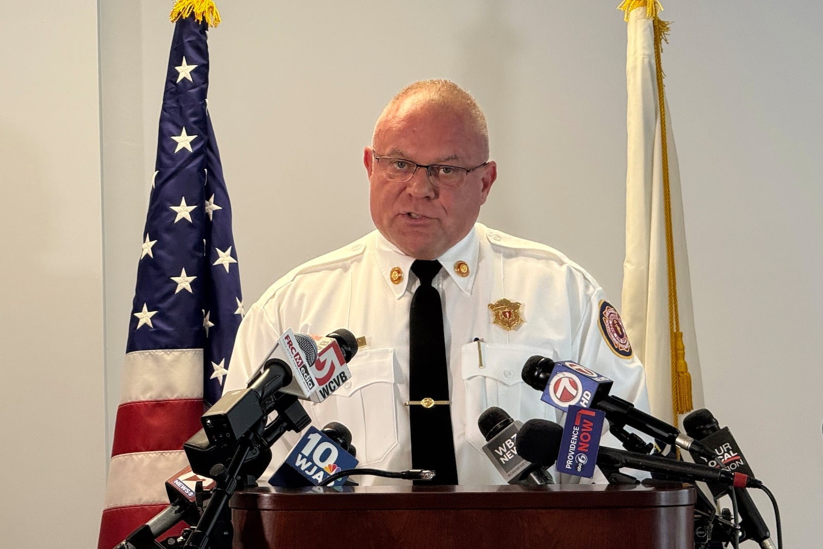 State Fire Marshal Jon Davine speaks at a news conference on Tuesday, July 22, 2025, in Fall River, Mass., about a deadly fire at the Gabriel House assisted-living facility. (AP Photo/Rodrique Ngowi)