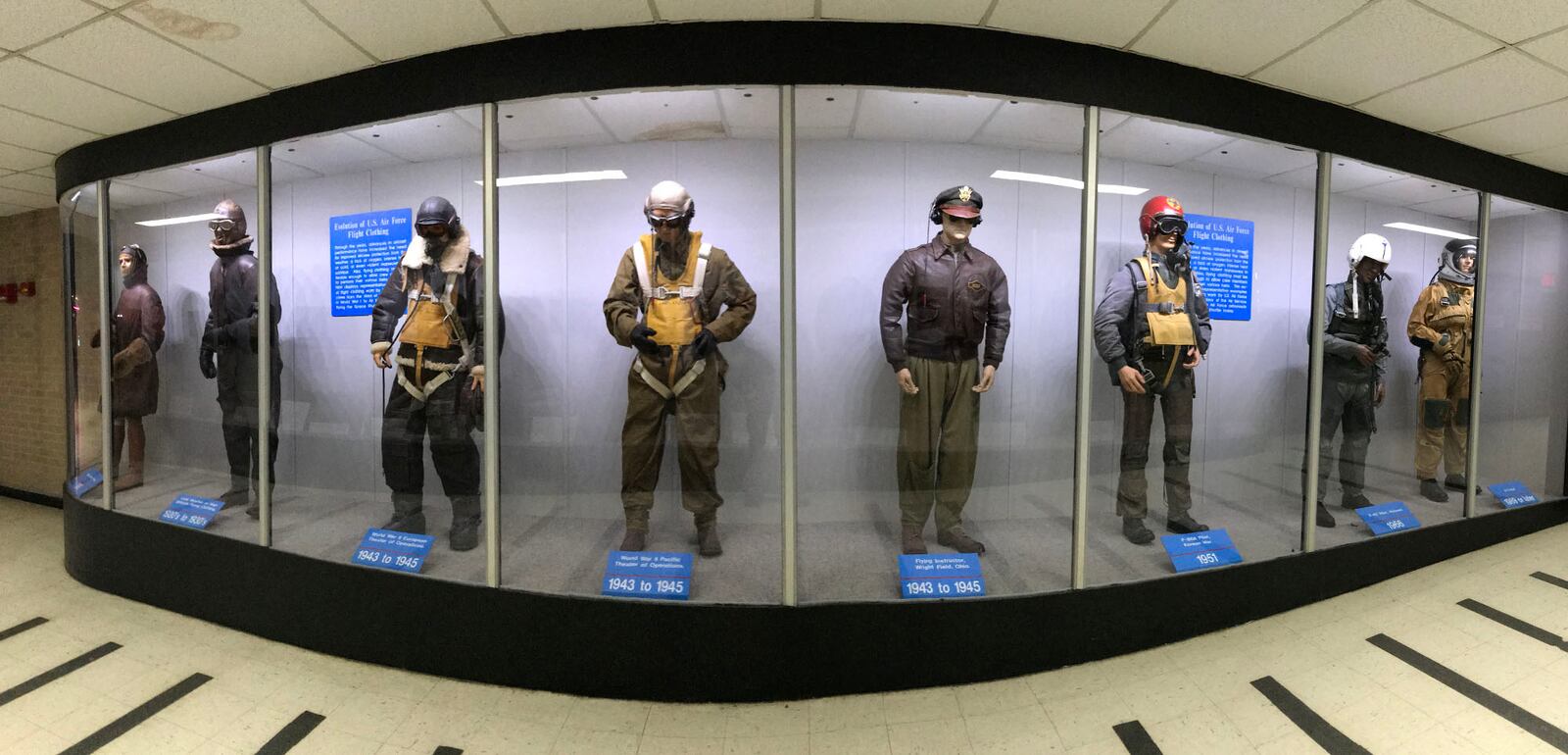 Flight suits from World War I through the Cold War are on display in the hallway between the World War II Gallery and the Korean War Galleries.  The evolution of the head gear itself reflects the importance of protecting the pilots from weather, lack of oxygen, extreme cold and violent combat.  Flight helmets starting with leather and ending with hard shells and pressurized suits are on display.   TY GREENLEES / STAFF