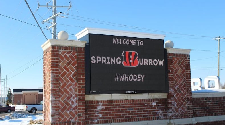 A city of Springboro digital sign at Ohio 73 and Ohio 741 welcomes people to SpringBurrow in honor of quarterback Joe Burrow and the Super Bowl-bound Cincinnati Bengals.