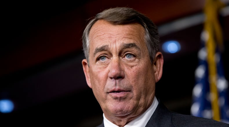 FILE - House Speaker John Boehner of Ohio speaks during a news conference on Capitol Hill in Washington, Friday, Sept. 25, 2015. Boehner informed fellow Republicans on Friday, Sept. 25, that he would resign from Congress at the end of October. (AP Photo/Jacquelyn Martin, File)