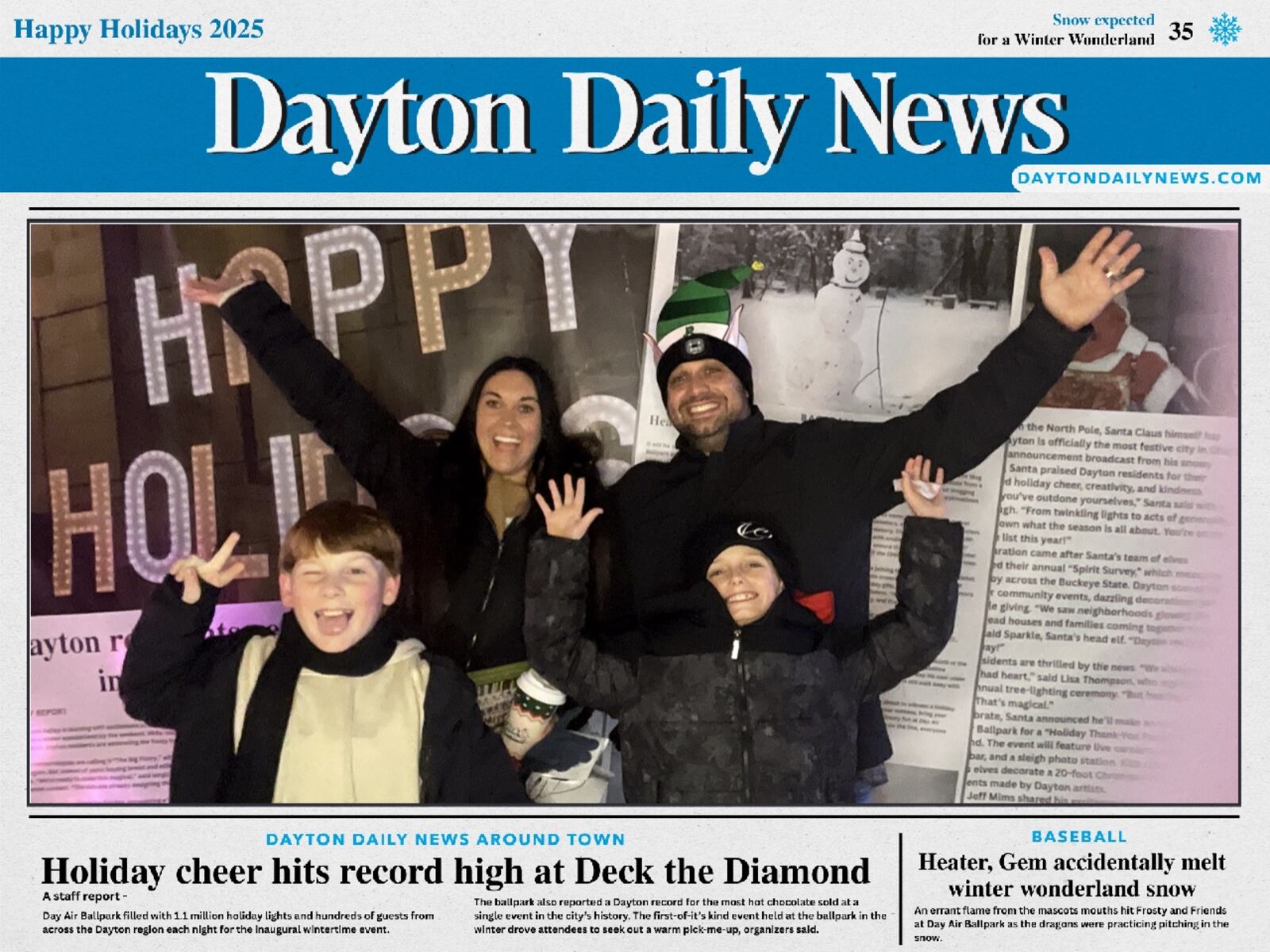 The "Front Page News" photobooth is one of the attractions at the event happening now through Jan. 3 at the Dayton Dragons Day Air Ballpark. Photos provided by Dayton Dragons Professional Baseball Team.
