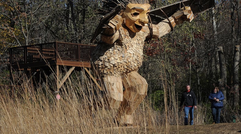 Artist Thomas Dambo debuts a new troll exhibit at the Aullwood Audubon. The trolls Bo, Bodil and Bibbi and their troll-sized nest have found their home in Dayton. "The Troll That Hatched an Egg" is one of only nine Dambo-created exhibitions in the United States and Puerto Rico. MARSHALL GORBY\STAFF