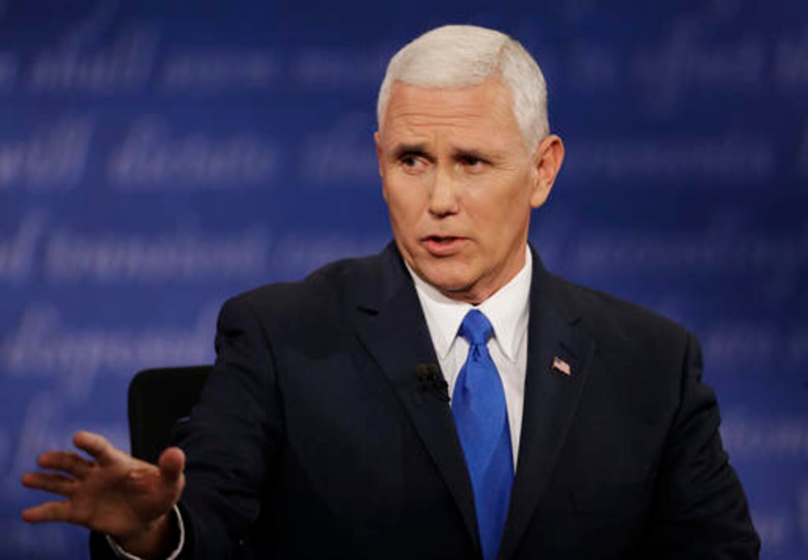 Republican vice-presidential nominee Gov. Mike Pence speaks during the vice-presidential debate with Democratic vice-presidential nominee Sen. Tim Kaine at Longwood University in Farmville, Va., Tuesday, Oct. 4, 2016. (AP Photo/Patrick Semansky)