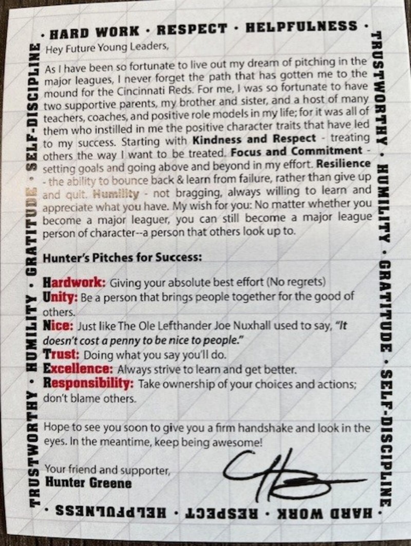 Reds All-Star hurler Hunter Greene will take the mound as starter for the team’s season-opener but this morning hundreds of his specially designed “character cards” were handed out to grade-school students at Fairfield’s Central Elementary. (Provided)