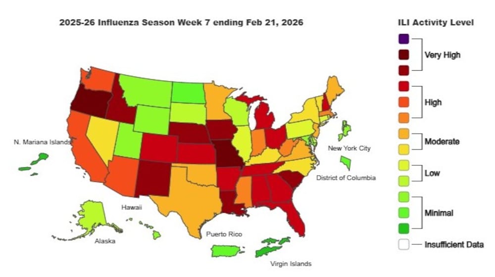 This is the weekly Outpatient Respiratory Illness Activity map from the CDC, for the week ending Feb. 21, 2026.