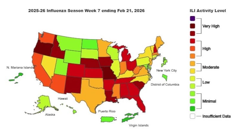 This is the weekly Outpatient Respiratory Illness Activity map from the CDC, for the week ending Feb. 21, 2026.