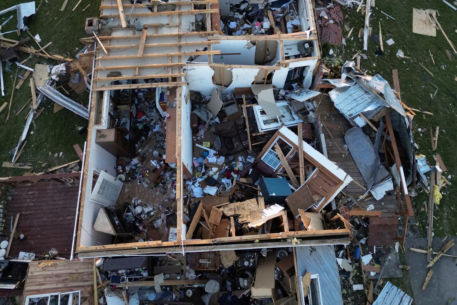 A destoryed home is seen from above after a severe storm passed through the area, Saturday, May 17, 2025, in London, Ky. (AP Photo/Carolyn Kaster)
