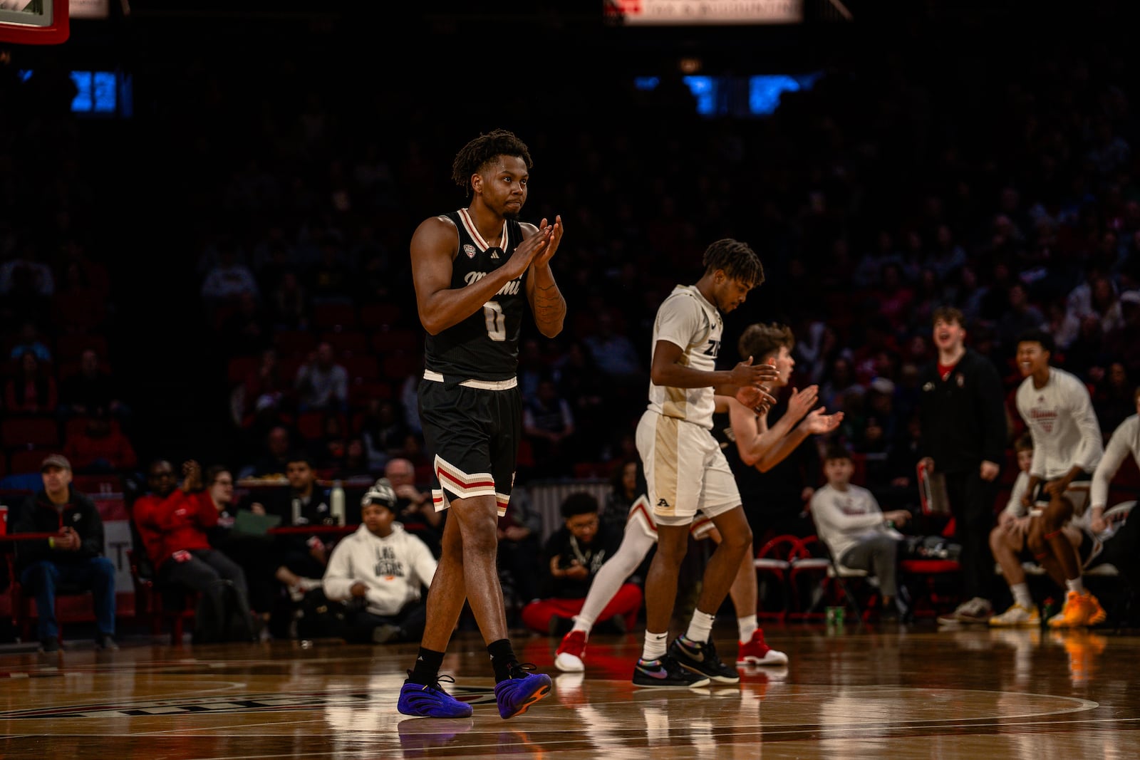Miami University's Eian Elmer celebrates a play during their game against Akron on Saturday, Jan. 3, 2026 at Millet Hall in Oxford. WILL MIKLAUTSCH / CONTRIBUTED PHOTO