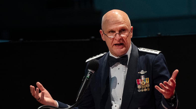 Gen. Arnold Bunch Jr., Air Force Materiel Command commander, delivers remarks during the AFMC Annual Excellence Awards Banquet on March 23 in the National Museum of the U.S. Air Force. U.S. AIR FORCE PHOTO/R.J. ORIEZ