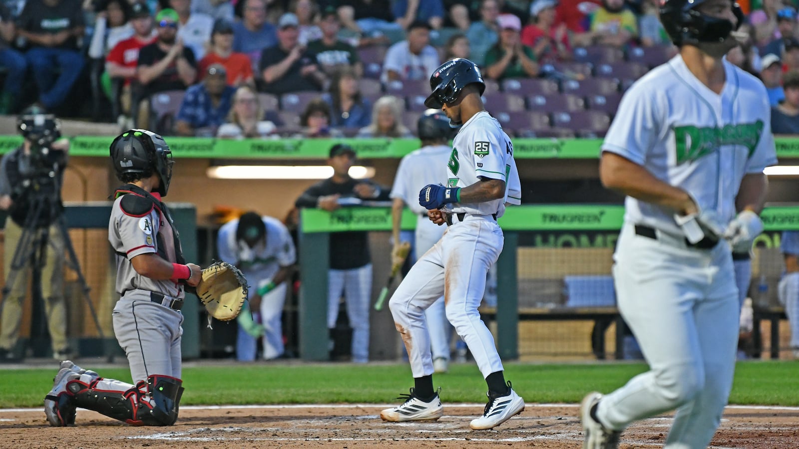 Alexander Vargas scores on a walk to Anthony Stephan for the first run in the Dragons' four-run third inning in which they had only one hit. JEFF GILBERT/CONTRIBUTED