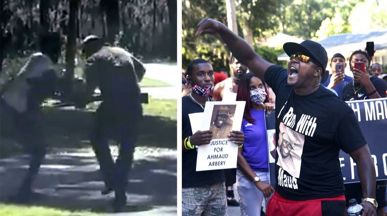 Keith Smith, at right, rallies protesters Tuesday, May 5, 2020, as they march through the Brunswick, Ga., neighborhood where Ahmaud Arbery, 25, was gunned down as he jogged Feb. 23. At left, Arbery is seen in cellphone video struggling over a shotgun moments before his death. He was killed by two men who suspected him in a string of recent break-ins. (Twitter via AP, Bobby Haven/The Brunswick News via AP)