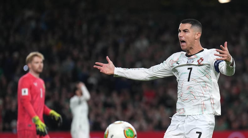 Portugal's Cristiano Ronaldo reacts during a World Cup 2026 group F qualifying soccer match between Ireland and Portugal in Dublin, Thursday, Nov. 13, 2025. (Niall Carson/PA via AP)