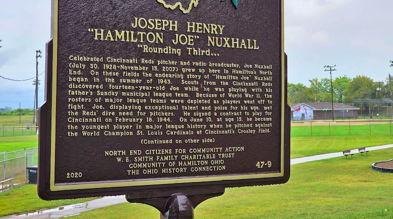 The Ohio Historical Marker honoring Joe Nuxhall, the former Cincinnati Reds pitcher and announcer, will be dedicated on Oct. 18, 2025, at L.J. Smith Park. Pictured is the marker that has already been installed. NICK GRAHAM/STAFF