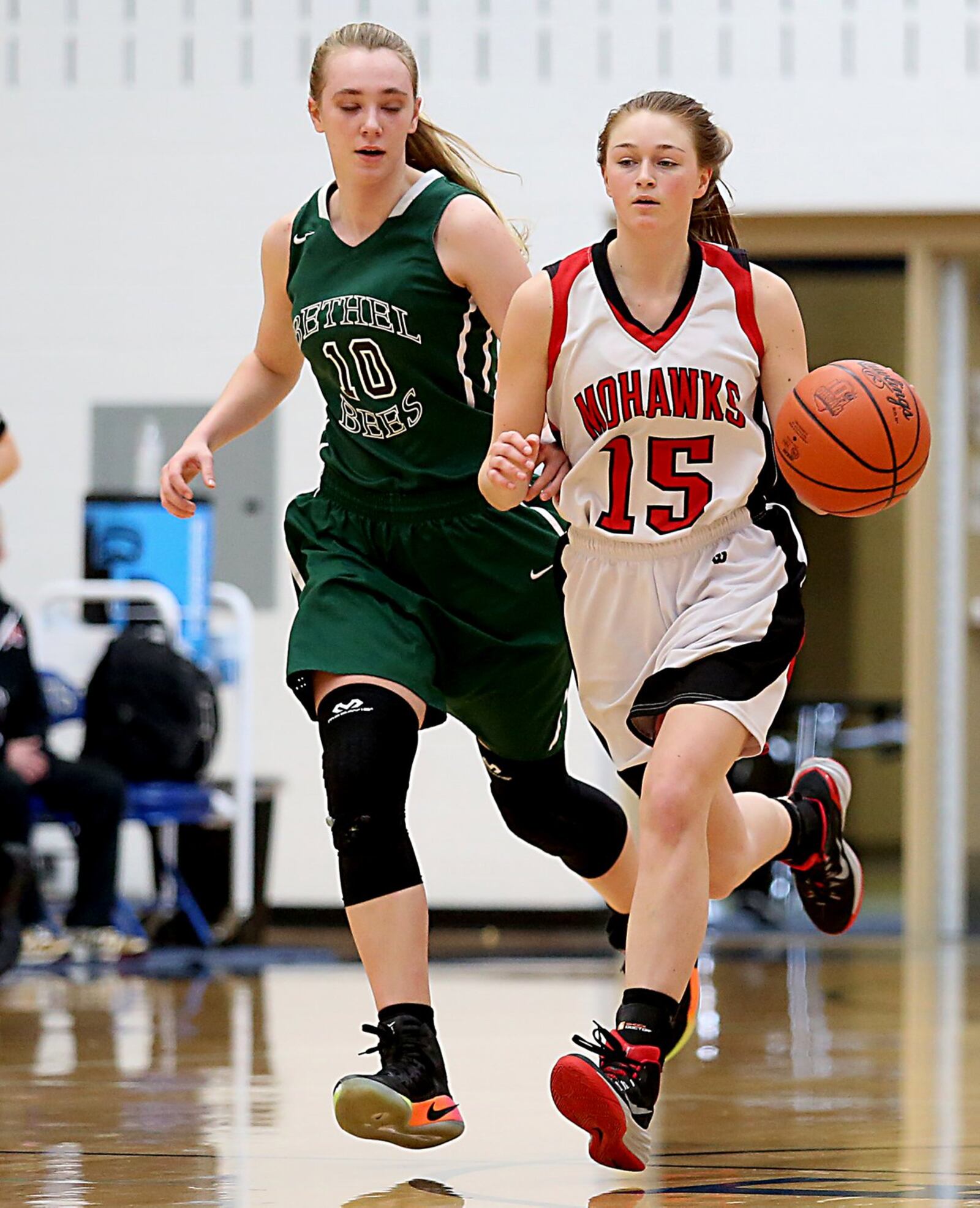Madison guard Ally Hoskins is pursued by Bethel center Alaina Hawthorne on Saturday during Division III sectional play at Franklin Monroe. CONTRIBUTED PHOTO BY E.L. HUBBARD