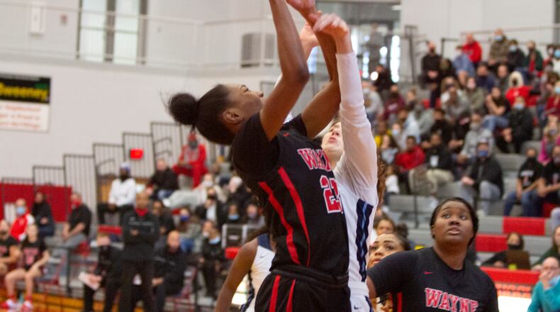Wayne's Bree Hall tries to score in the first half against Mount Notre Dame in Saturday's Division I regional final at Princeton High School. Wayne lost 49-33 and Hall scored 16 points. Jeff Gilbert/CONTRIBUTED