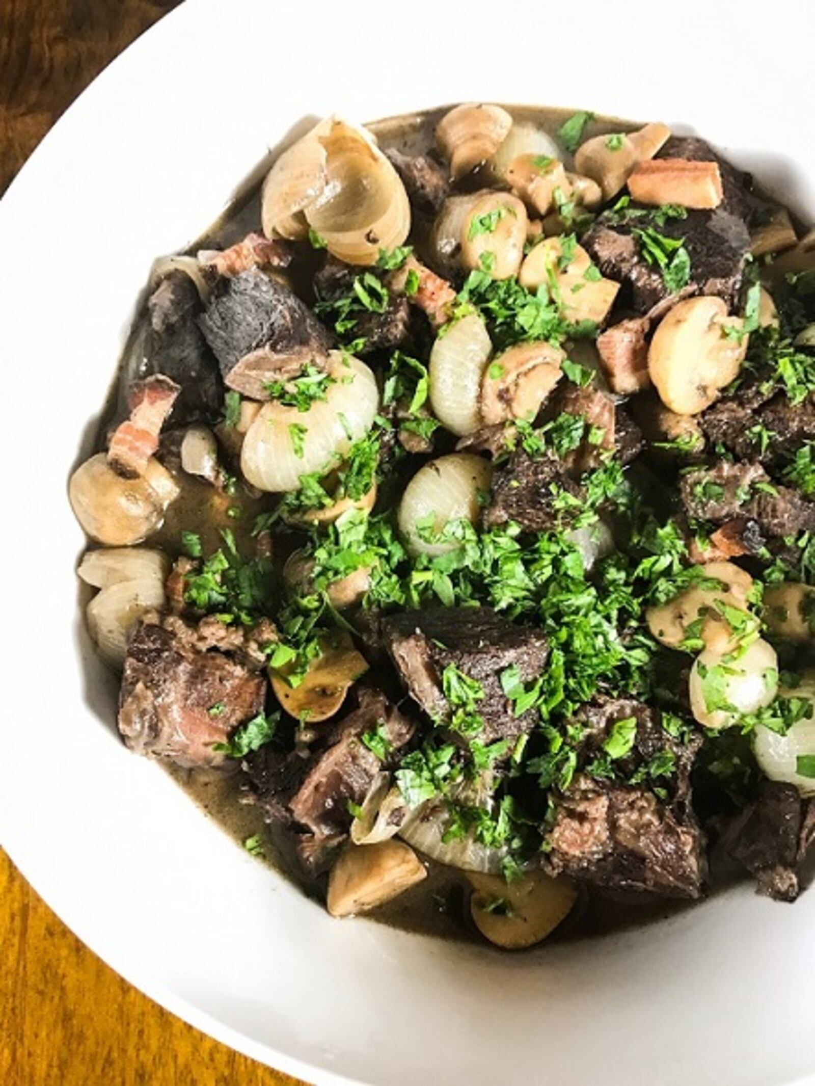 Beef bourguignon with buttered egg noodles, prepared by Leslie Brenner in her Dallas kitchen from her own recipe. (Leslie Brenner/Dallas Morning News/TNS) NO MAGAZINE SALES; MANDATORY CREDIT; NO SALES; INTERNET USE BY TNS CONTRIBUTORS ONLY