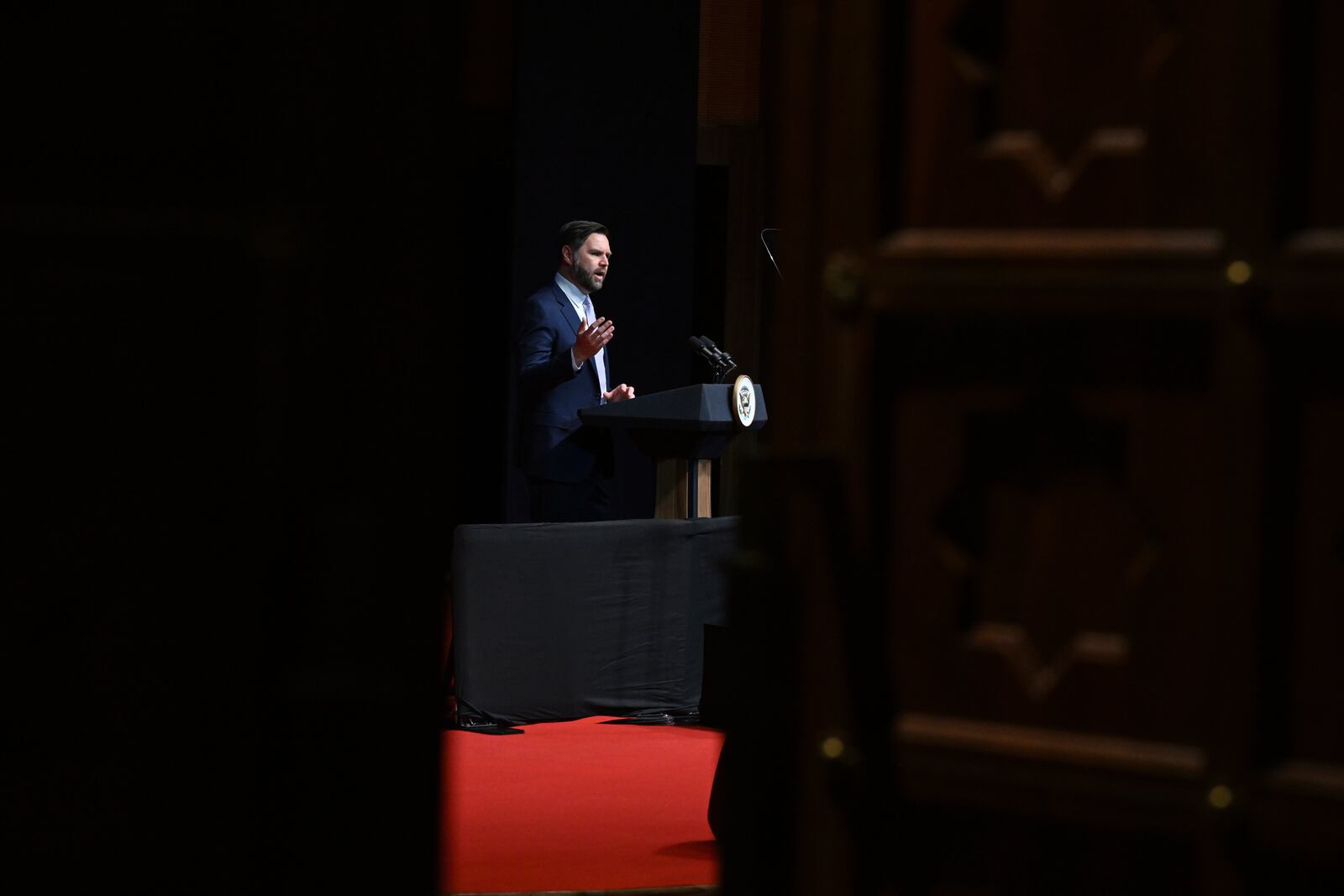 U.S. Vice President JD Vance delivers remarks at the Rajasthan International Centre in Jaipur, India, Tuesday, April 22, 2025. (Kenny Holston/The New York Times via AP, Pool)