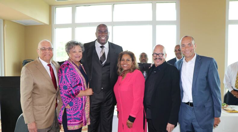 From left, Dr. James Hammond, CSU President Cynthia Jackson-Hammond, NBA legend Earvin “Magic” Johnson; actress and radio personality Sybil Wilkes, nationally syndicated radio host Tom Joyner and CSU Vice President Jahan Culbreath on Friday at Central State. Horace Dozier/CONTRIBUTED