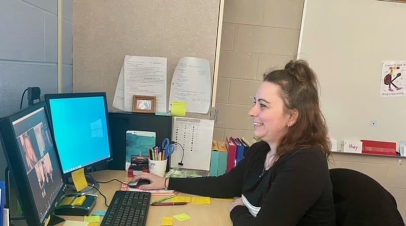 Amanda Gant, an intervention specialist at Virginia Stevenson Elementary in Mad River Schools, handles an online learning session Thursday, April 15. Contributed photo / Jenny Alexander