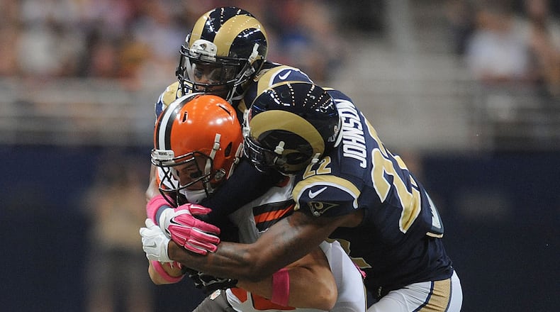 ST. LOUIS, MO - OCTOBER 25: Gary Barnidge #82 of the Cleveland Browns is tackled in the first quarter against the St. Louis Rams at the Edward Jones Dome on October 25, 2015 in St. Louis, Missouri. (Photo by Michael B. Thomas/Getty Images)