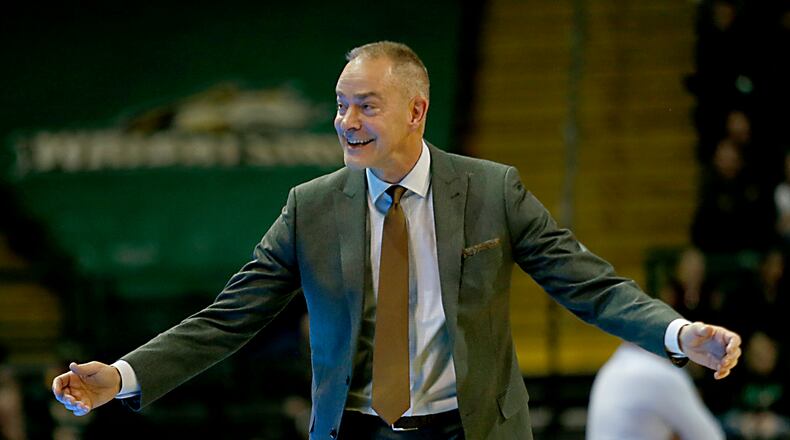 Wright State University head coach Scott Nagy reacts as his team plays IUPUI during their Horizon League game at the Nutter Center in Fairborn Sunday, Feb. 16, 2020. Wright State won 106-66. Contributed photo by E.L. Hubbard