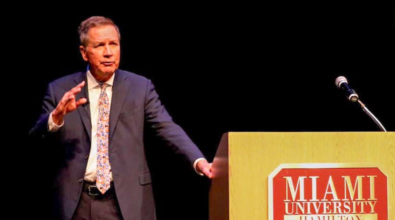 Former Ohio Governor John Kasich speaks at Miami University Hamilton as part of their Harry T. Wilks Lecture Series, Wednesday, Nov. 13, 2019. CONTRIBUTED / DANNY IVERS