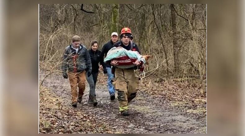 Miami Twp. Fire-Rescue posted this photo Monday afternoon of the dog rescue at John Bryan State Park.