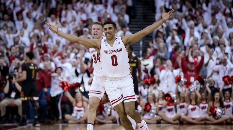MADISON, WISCONSIN - FEBRUARY 01:  D'Mitrik Trice #0 of the Wisconsin Badgers reacts in the second half against the Maryland Terrapins at the Kohl Center on February 01, 2019 in Madison, Wisconsin. (Photo by Dylan Buell/Getty Images)