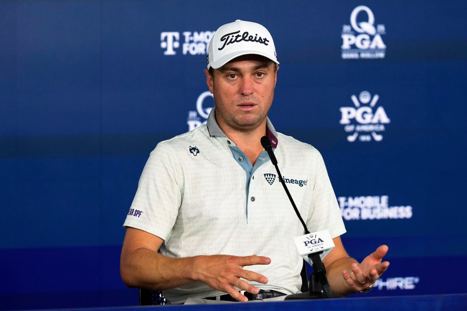 Justin Thomas speaks during a news conference at the PGA Championship golf tournament at the Quail Hollow Club, Tuesday, May 13, 2025, in Charlotte, N.C. (AP Photo/Matt York)