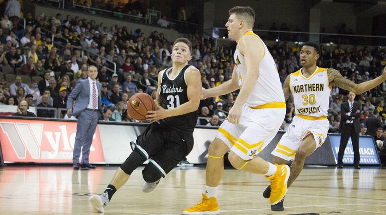 Wright State’s Cole Gentry drives to the basket during the Raiders’ 84-81 win at NKU on Jan. 11. ALLISON RODRIGUEZ/CONTRIBUTED PHOTO