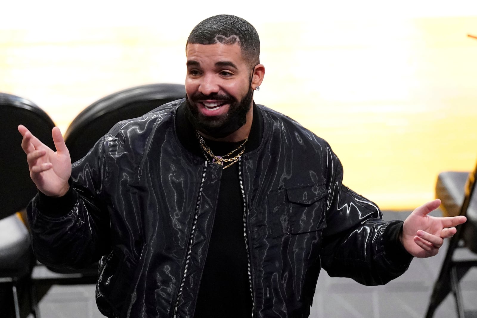 Rapper Drake gestures after watching an NBA basketball Western Conference Play-In game between the Los Angeles Lakers and the Golden State Warriors Wednesday, May 19, 2021, in Los Angeles. The Lakers won 103-100. (AP Photo/Mark J. Terrill)