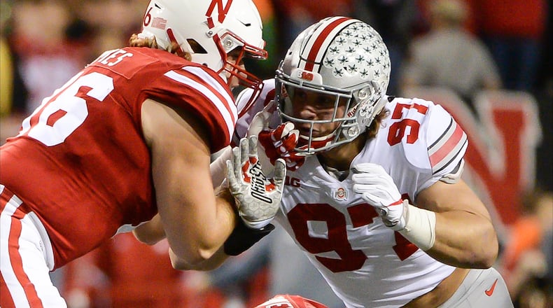 LINCOLN, NE - OCTOBER 14: Defensive lineman Nick Bosa #97 of the Ohio State Buckeyes rushes offensive lineman Brenden Jaimes #76 of the Nebraska Cornhuskers* of the Nebraska Cornhuskers at Memorial Stadium on October 14, 2017 in Lincoln, Nebraska. (Photo by Steven Branscombe/Getty Images)