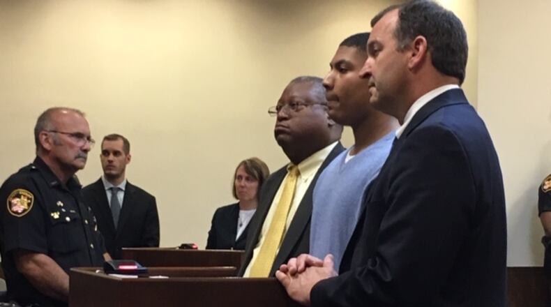 Kylen Gregory is flanked by defense attorneys Jon Paul Rion (right) and Ben Swift (left) during sentencing earlier this year in Montgomery County Common Pleas Court Judge Dennis Langer’s courtroom. Gregory’s case for the 2016 killing of Ronnie Bowers in Kettering has now returned to juvenile court because he was not convicted of murder, the charge that prompted a mandatory transfer to adult court. The case still may go back to adult court. FILE
